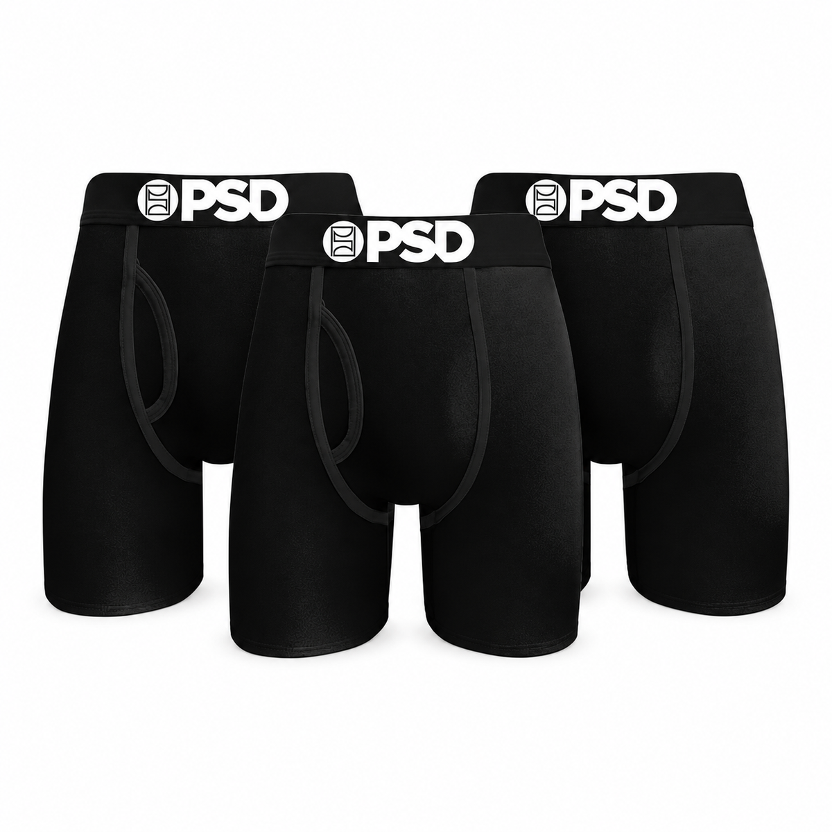 PSD 95/5 Black three-pack boxer briefs on white background
