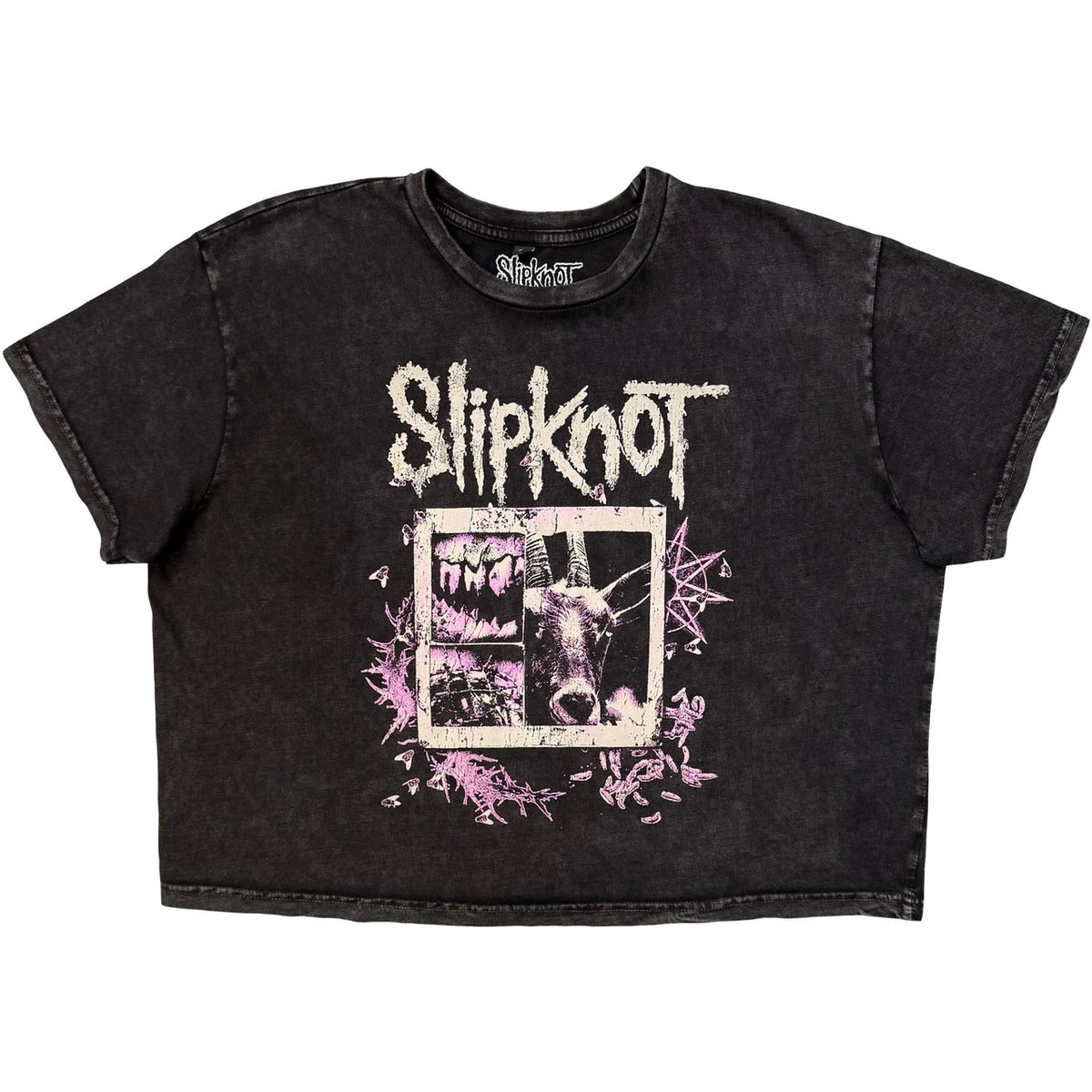 Slipknot Ladies Stone Wash Crop Top Butterfly Goatee T-shirt - Charcoal Grey
