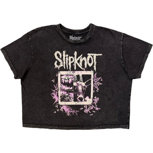 Slipknot Ladies Stone Wash Crop Top Butterfly Goatee T-shirt - Charcoal Grey